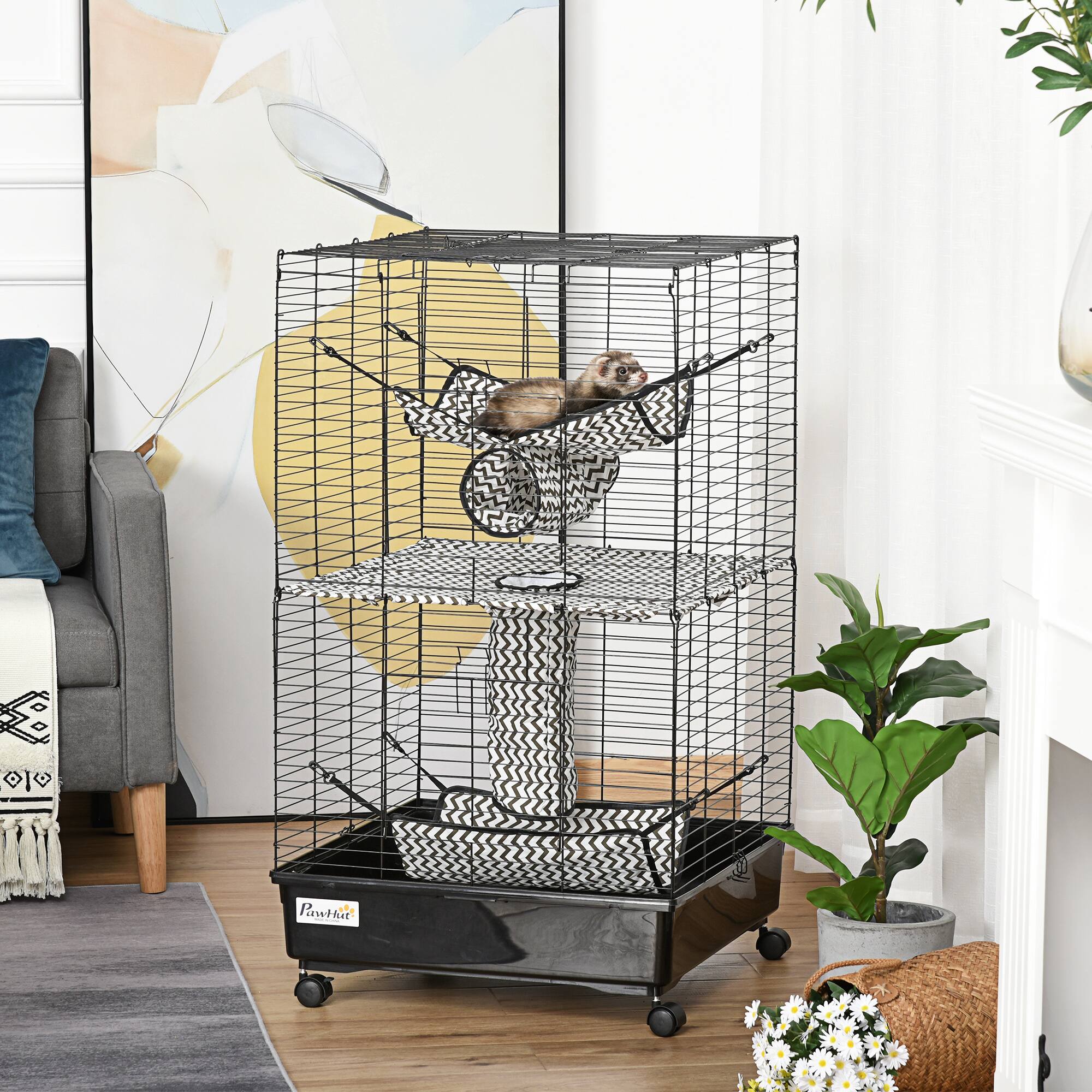 Angle. Pawhut - 42" Ferret Cage, Small Animal Habitat Metal Pet Cage with Wheels Brakes, Hammocks, Hanging Tunnels, 3 Doors.