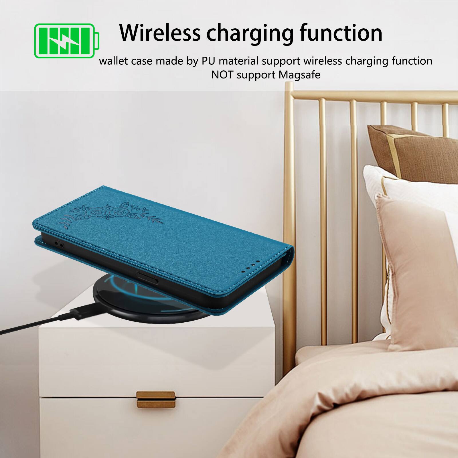 Wireless charging function

wallet case made by PU material support wireless charging function NOT support Magsafe
