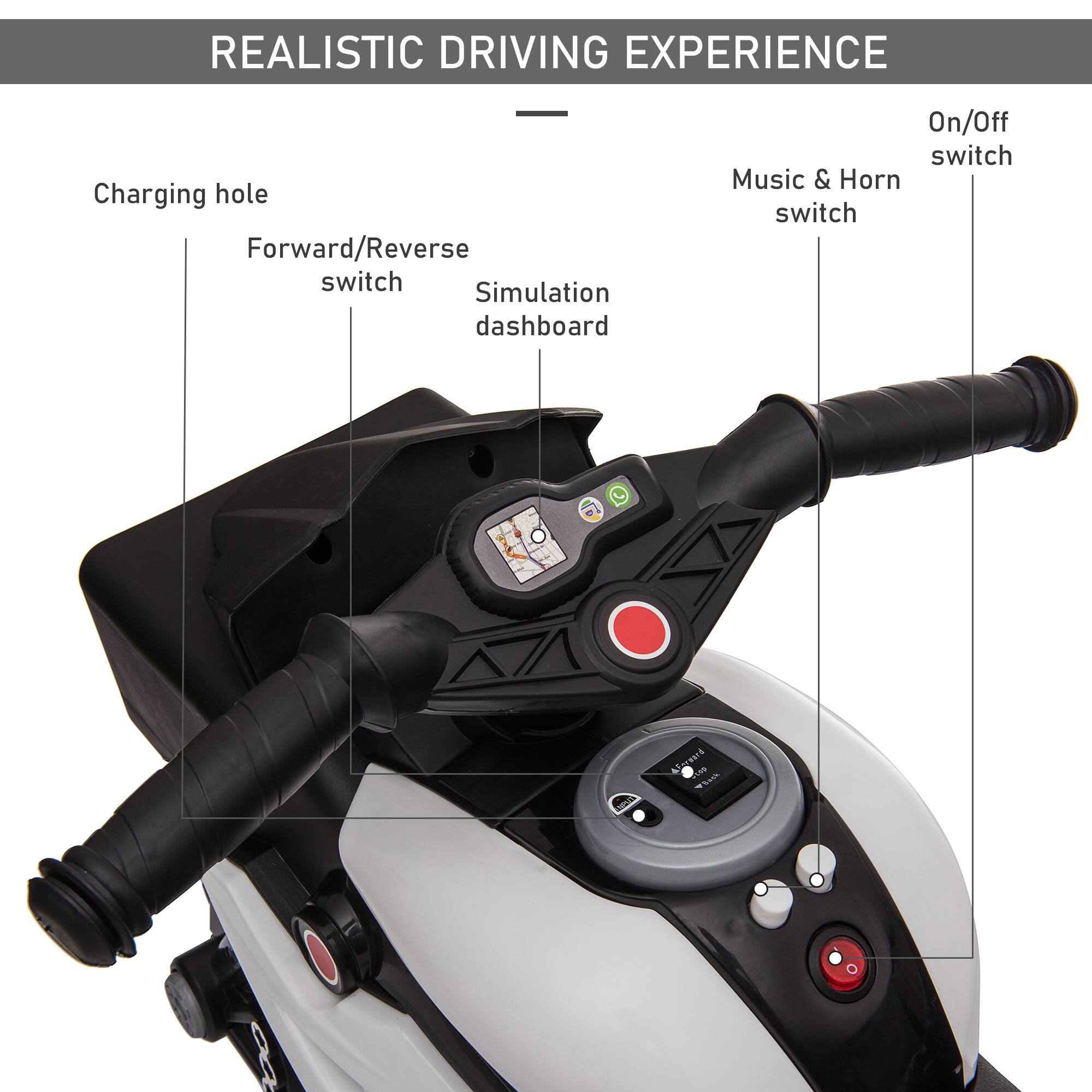 REALISTIC DRIVING EXPERIENCE

- Charging hole
- Forward/Reverse switch
- Simulation dashboard
- Music & Horn switch
- On/Off switch