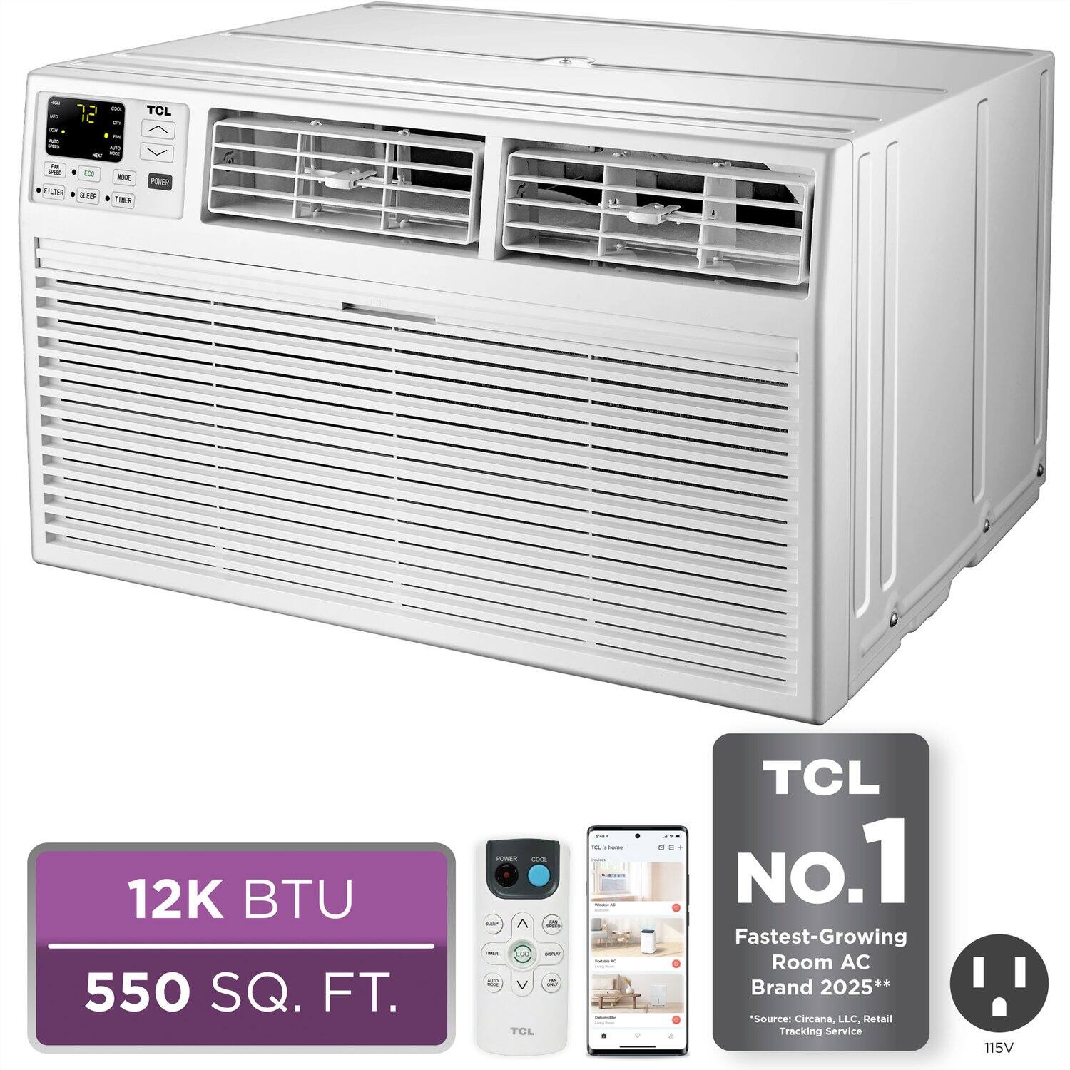 - 12K BTU
- 550 SQ. FT.
- TCL
- No.1 Fastest-Growing Room AC Brand 2025**
- Source: Circana LLC. Retail Tracking Service
- 115V