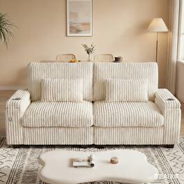 Dyonery - 91" Modern Loveseat Sofa, Corduroy 2 Seater Sofa with Storage Armrests,Side Pockets, USB Charging & Cup Holders - Beige