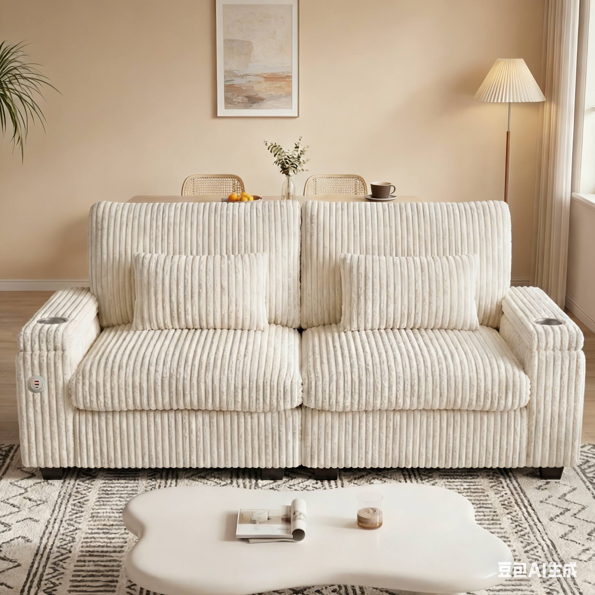 Front. Dyonery - Dyonery 91" Modern Loveseat Sofa, Corduroy 2 Seater Sofa with Storage Armrests,Side Pockets, USB Charging & Cup Holders - Beige.