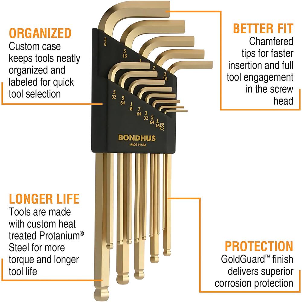 ORGANIZED  
Custom case keeps tools neatly organized and labeled for quick tool selection

BETTER FIT  
Chamfered tips for faster insertion and full tool engagement in the screw head

LONGER LIFE  
Tools are made with custom heat treated Protanium® Steel for more torque and longer tool life

PROTECTION  
GoldGuard™ finish delivers superior corrosion protection