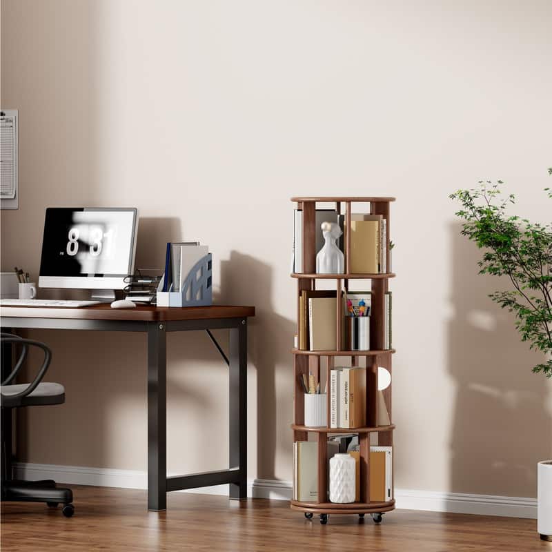 HTUTWOO - 4-Tier Solid Wood 360° Rotating Bookshelf on Wheels, Narrow Space-Saving Revolving Bookcase for Bedroom Office Corner - Brown