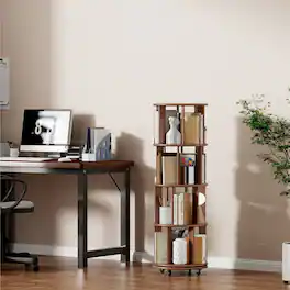HTUTWOO - 4-Tier Solid Wood 360° Rotating Bookshelf on Wheels, Narrow Space-Saving Revolving Bookcase for Bedroom Office Corner - Brown