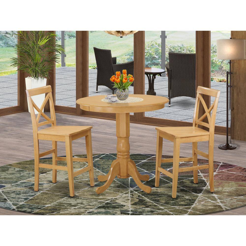 Back. East West Furniture - 3 Pc Dining counter height set - Dining Table and 2 bar stools. - Oak.