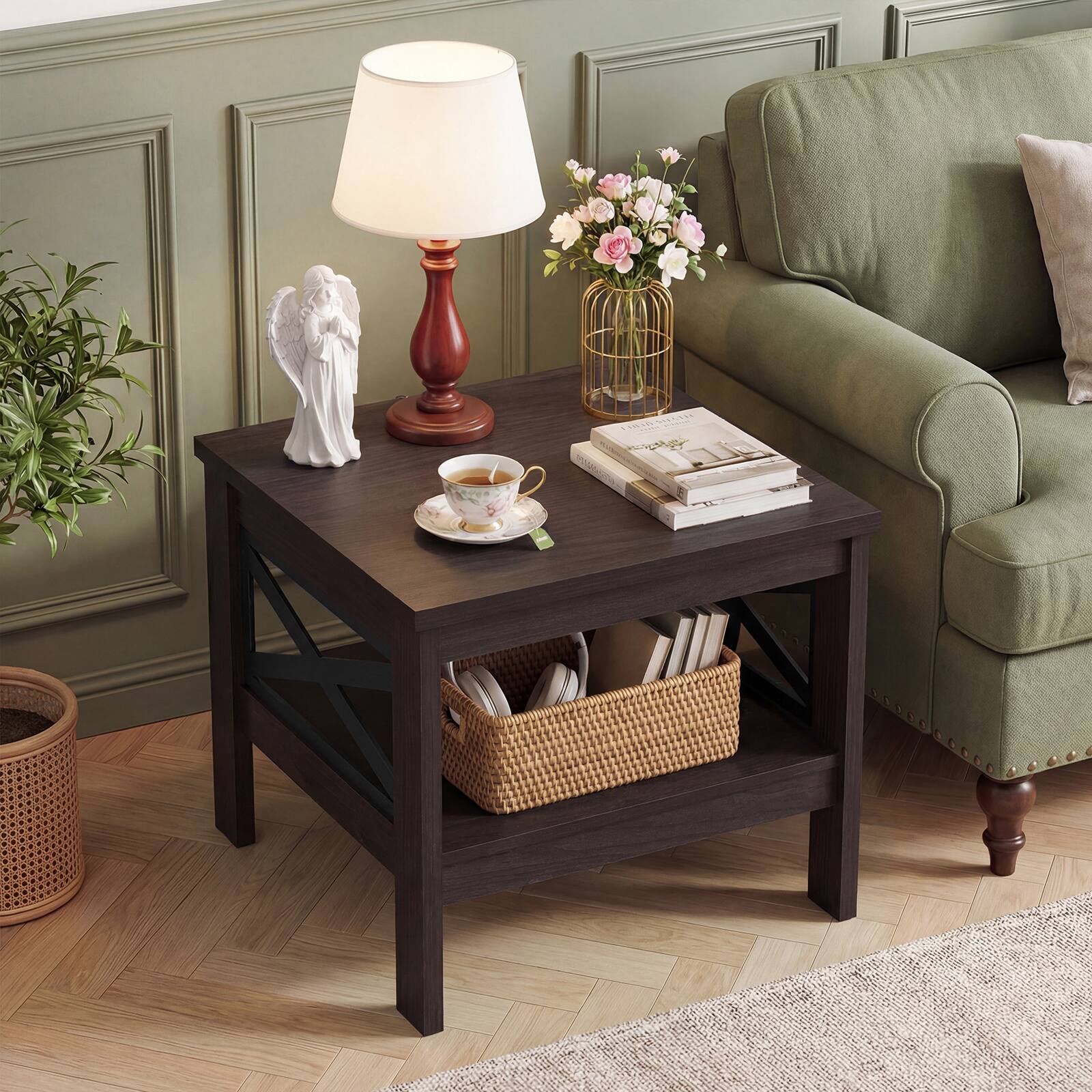 Alt View 1. Costway - Costway 1 PCS 2-Tier End Table with Storage Shelf & X-Frame, 24" Farmhouse Nightstand for Bedroom - Brown.