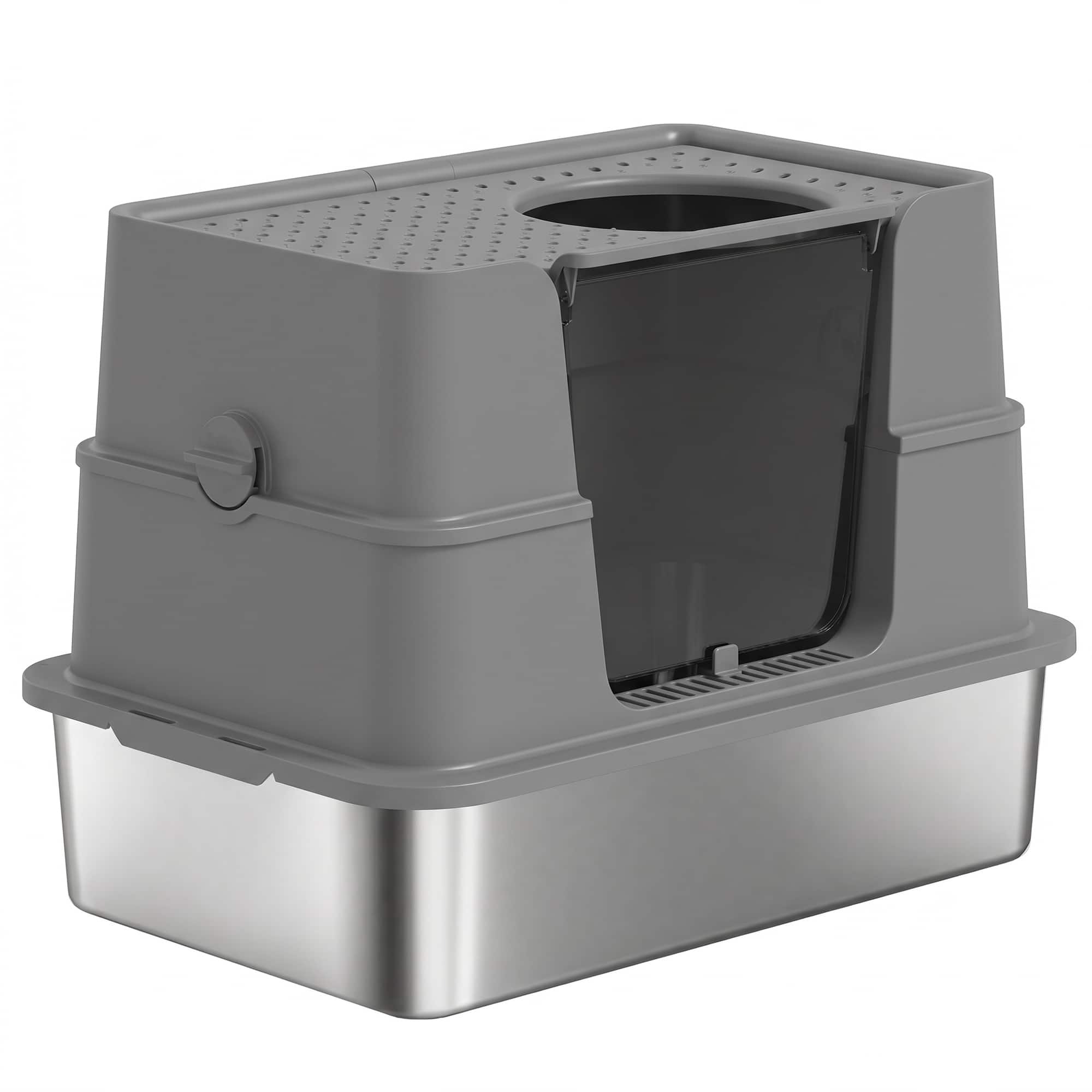 Front. Pawhut - Stainless Steel Litter Box w/ 100° Flip Top, Scoop - Dark Gray.