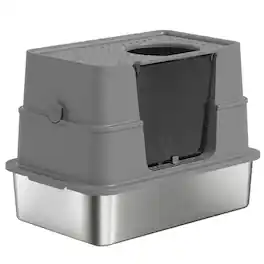 Pawhut - Stainless Steel Litter Box w/ 100° Flip Top, Scoop - Dark Gray
