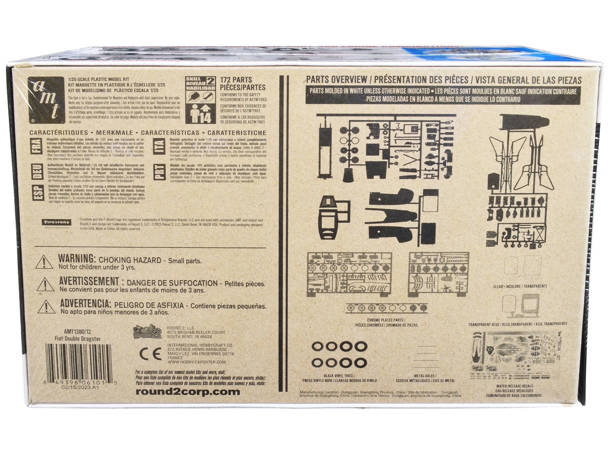 Sure, here is the corrected and grouped text from the image:

---

**1/25 SCALE PLASTIC MODEL KIT**  
KIT DE MODELMISMO DE PLÁSTICO ESCALA 1/25  
KIT MODELISMO DE PLASTIQUE L'ÉCHELLE 1/25  
KIT MODELISMO PLÁSTICO ESCALA 1/25  

**SKILL 172**  
HABILIDAD 172  
NIVEAU 2  
NIVEL 2  

**172 PARTS**  
PIECES/PARTES  
PIECES/PARTES  
PIECES/PARTES  

**PARTS OVERVIEW / PRÉSENTATION DES PIÈCES / VISTA GENERAL DE LAS PIEZAS**  
PARTS MOLDED IN WHITE UNLESS OTHERWISE INDICATED - LES PIÈCES SONT MOULÉES EN BLANC SAUF INDICATION CONTRAIRE - PIEZAS MOLDEADAS EN BLANCO A MENOS QUE SE INDIQUE LO CONTRARIO  

**CARACTERÍSTIQUES - MERKMALE - CARACTERÍSTICAS - CARATTERISTICHE**  
- Kit en plast