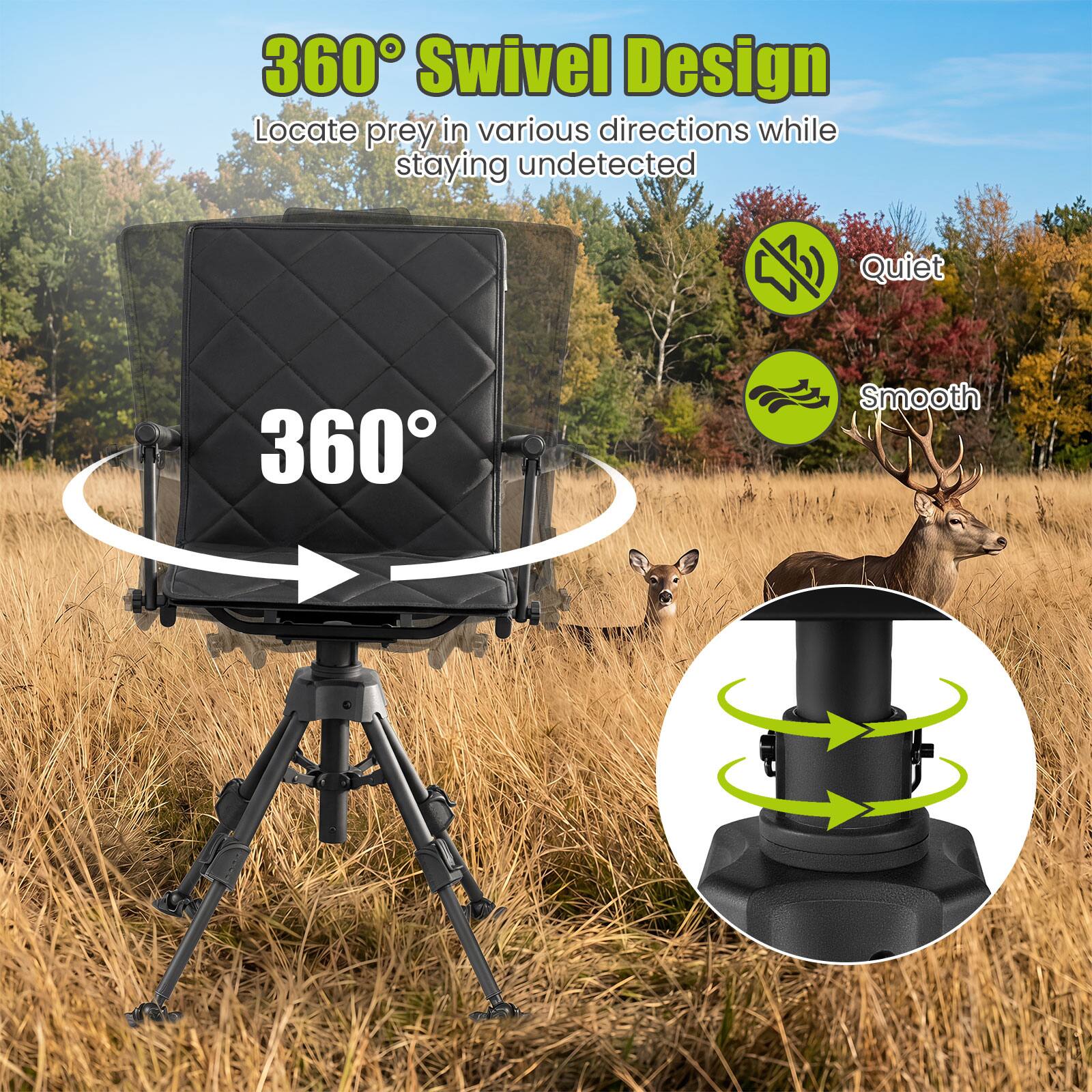 360° Swivel Design  
Locate prey in various directions while staying undetected

Quiet  
Smooth