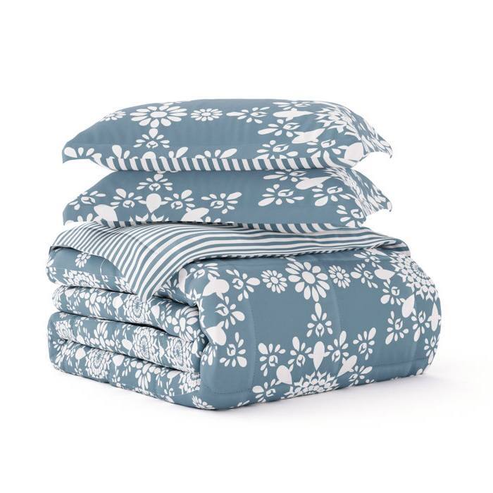 Back. Hivvago - Full/Queen size 3-Piece Blue and White Reversible Floral Striped Comforter Set - Blue.