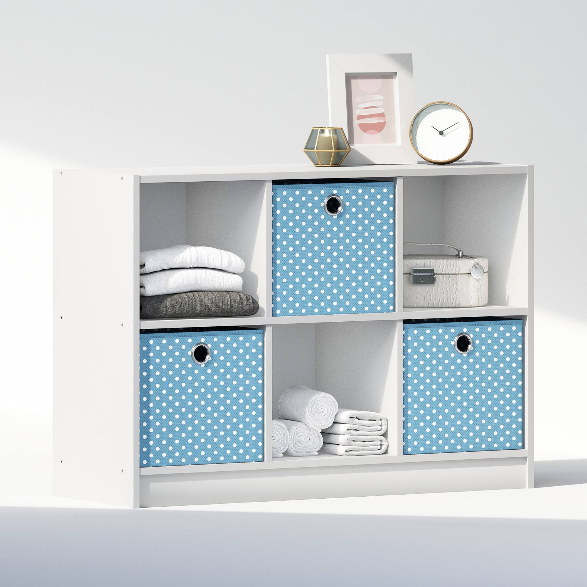 Alt View 3. Furinno - Cubic Multipurpose Clothing & Closet Storage Organizer Shelf with Bin Drawers, 6-Cube - White/Light Blue.