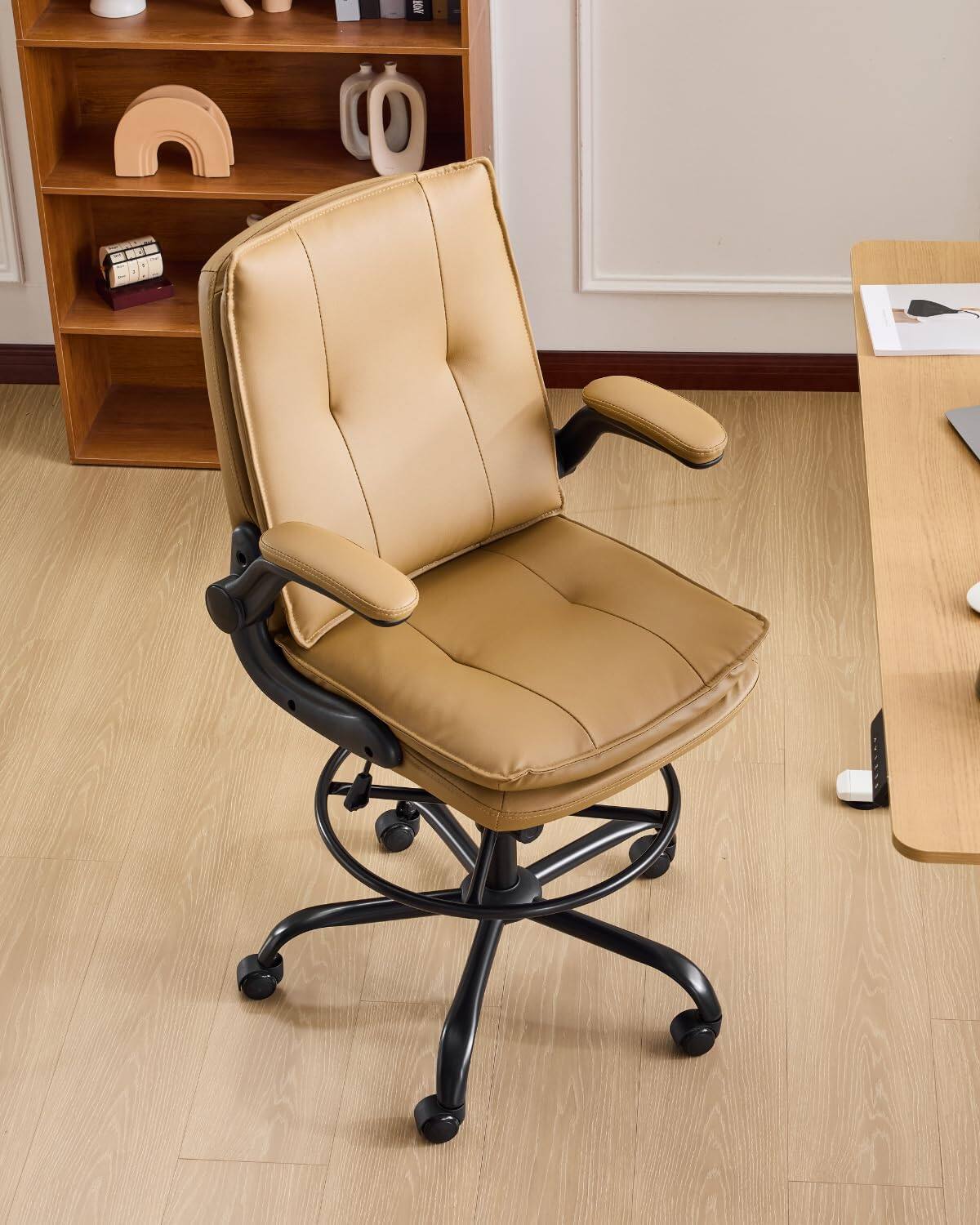 Alt View 7. Winado - Office Artist Chair with Adjustable Footrest and Lumbar Support Contoured Back Support, Flip-Up Armrests, 360° Swivel - Pu Khaki.