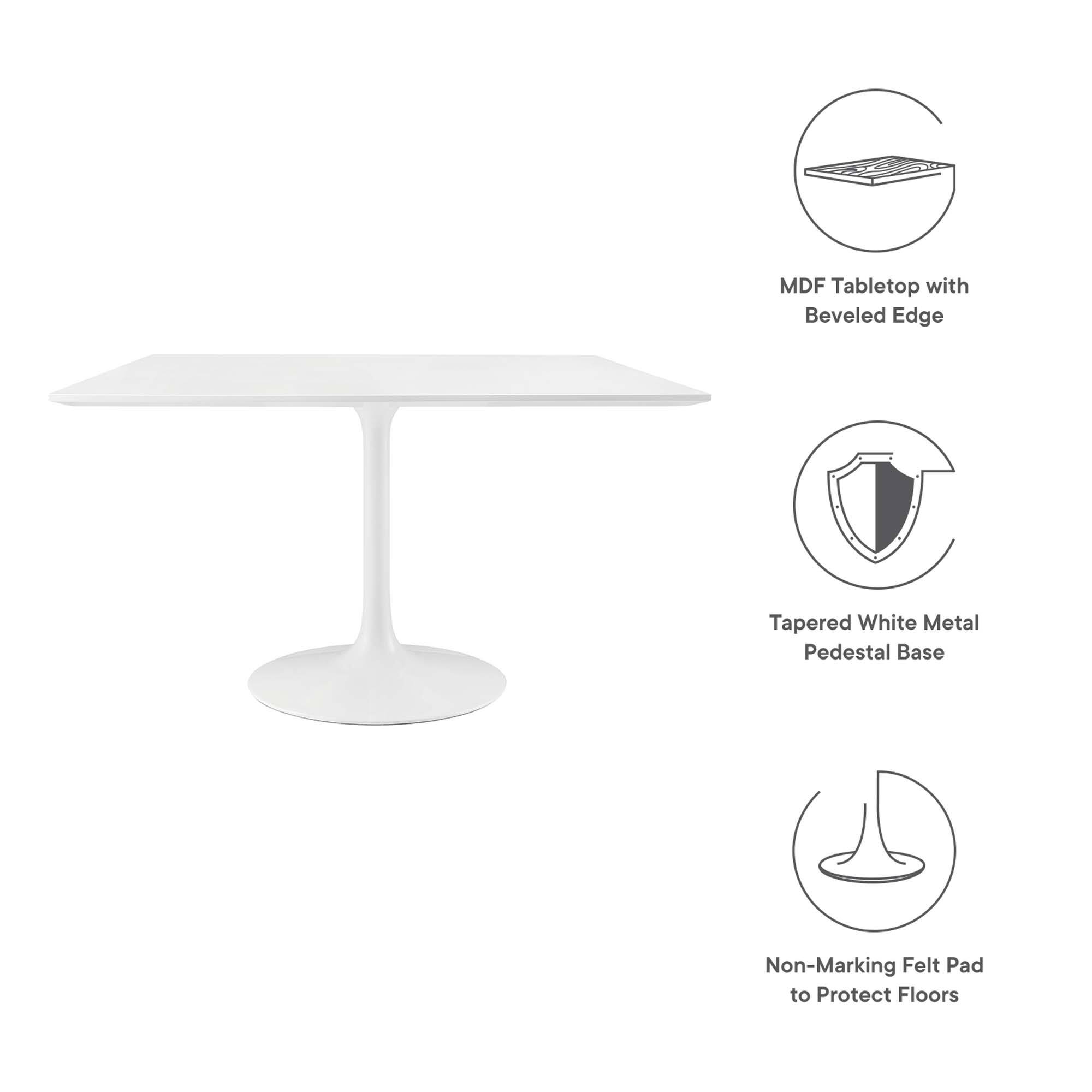 MDF Tabletop with Beveled Edge  
Tapered White Metal Pedestal Base  
Non-Marking Felt Pad to Protect Floors
