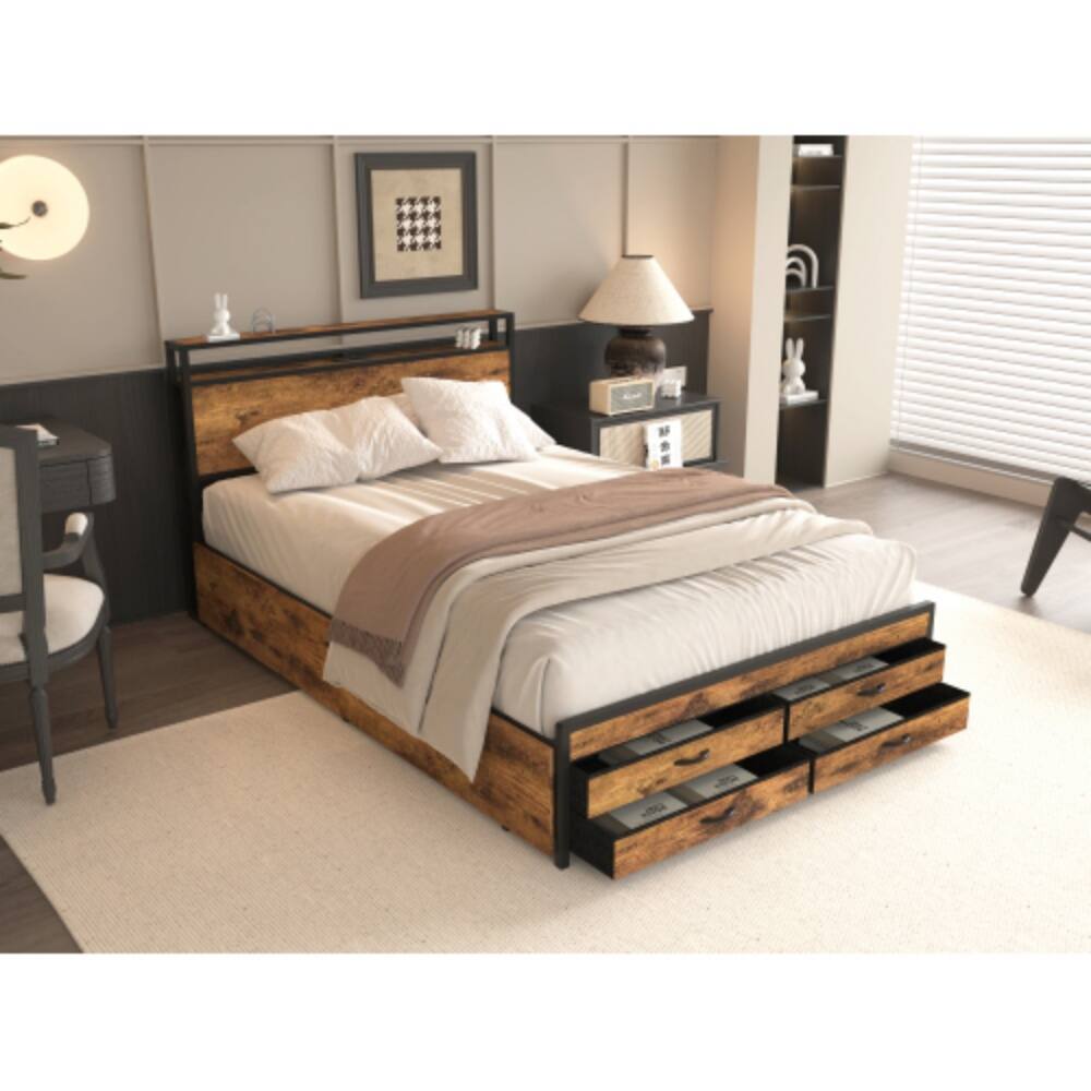 Angle. LUCKY ONE - Full Size Bed Frame with 8 Storage Drawers, LED Headboard, USB Charging Station, Metal Platform, No Box Spring Needed - Black.