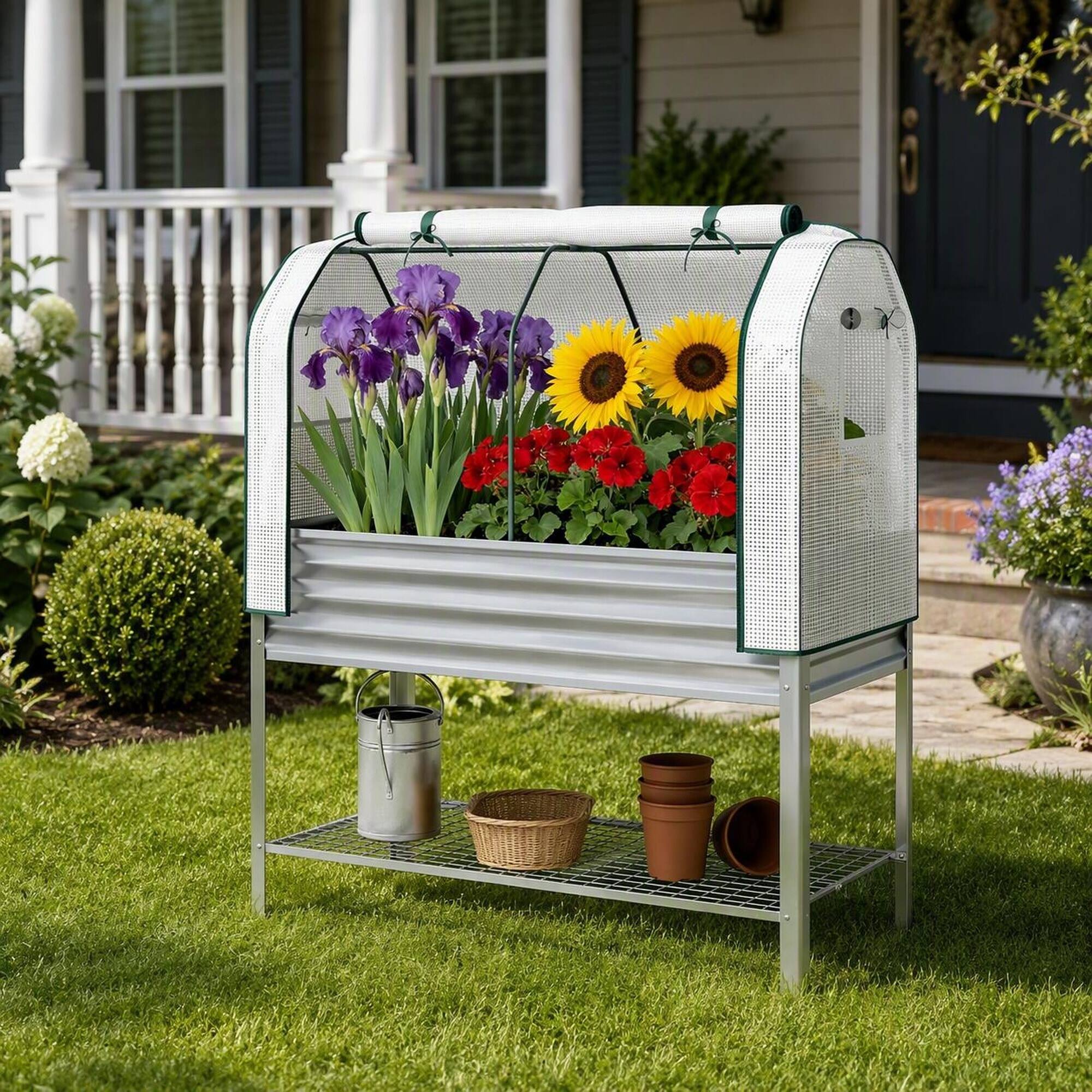 Alt View 1. RYHNUYNE - Raised Garden Bed with Greenhouse Cover, 44 Gal Elevated Planter Box, Galvanized Metal Frame, Silver, Outdoor Use - Silver.