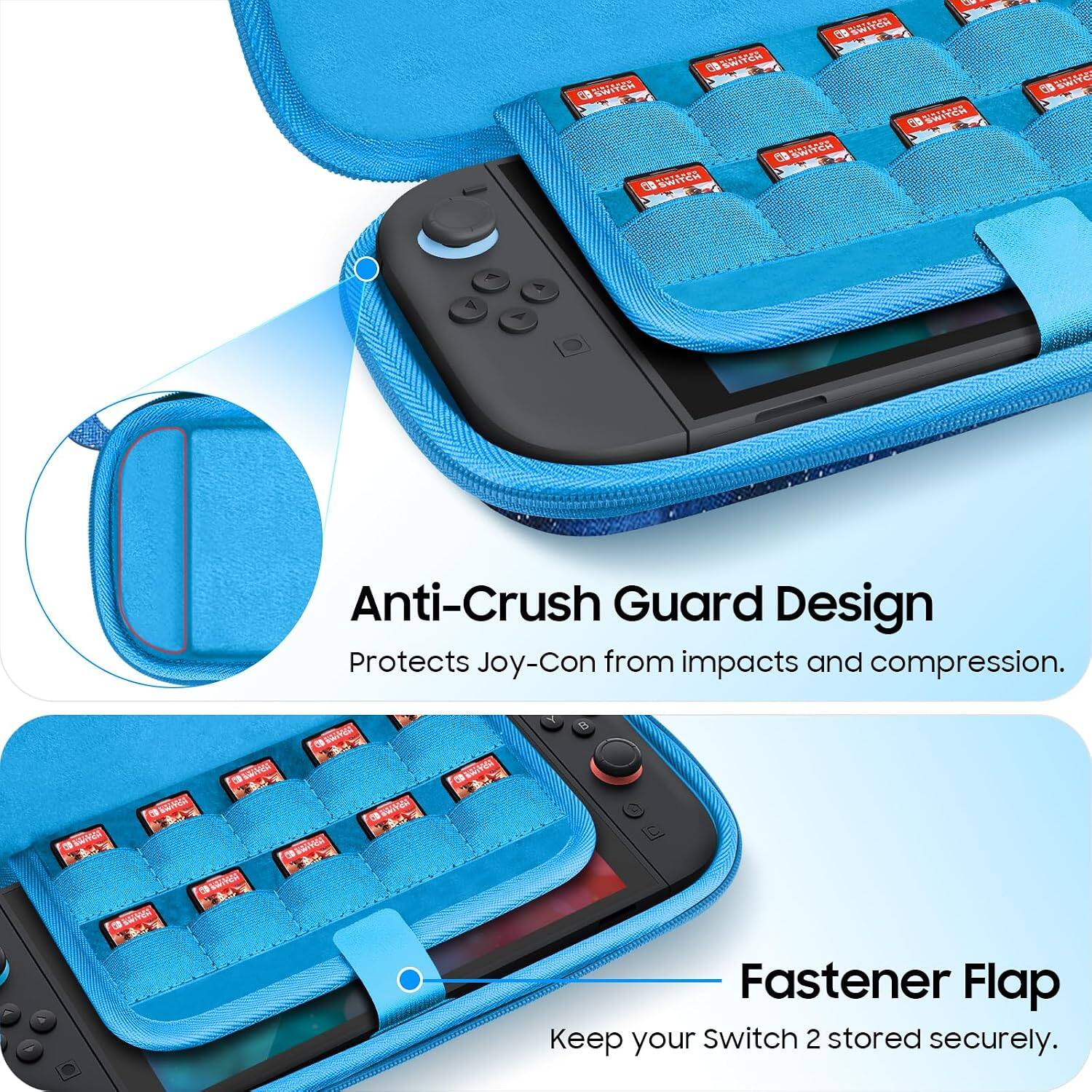 SWITCH 6B SWITCH SWITCH SWITCH SWITCH SWITCH

EID swire 
Anti-Crush Guard Design Protects Joy-Con from impacts and compression.

CO
CHAVERSE
COWIYON
B
WHITEN 
Fastener Flap Keep your Switch 2 stored securely.