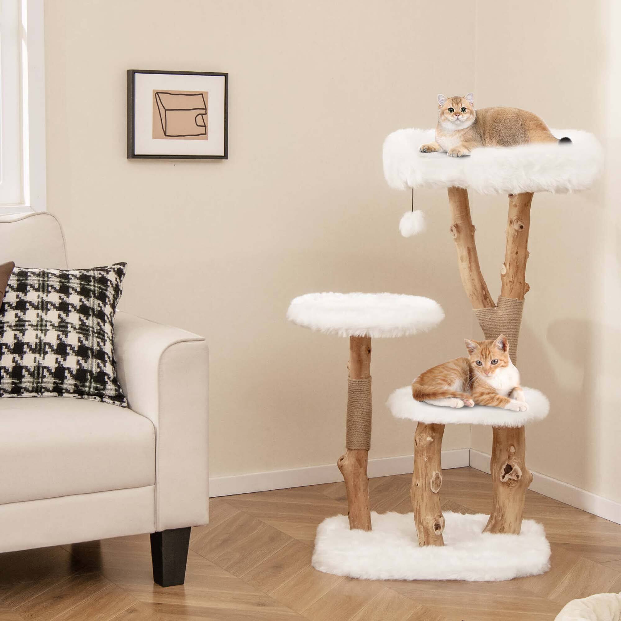 Alt View 1. Costway - Costway Solid Wood Cat Tree with Perch Natural Jute Scratching Posts Dangling Ball - Beige.