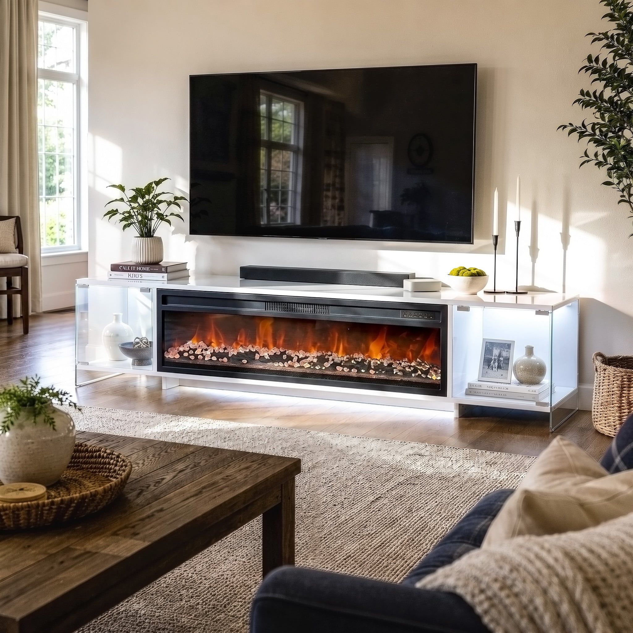 Famapy - 70.9-Inch Fireplace TV Stand with 46-Inch Electric Fireplace, Glass Display Cabinets and 3-Color LED Lights - White price history on PriceWatchPro