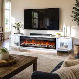 Famapy - 70.9-Inch Fireplace TV Stand with 46-Inch Electric Fireplace, Glass Display Cabinets and 3-Color LED Lights - White