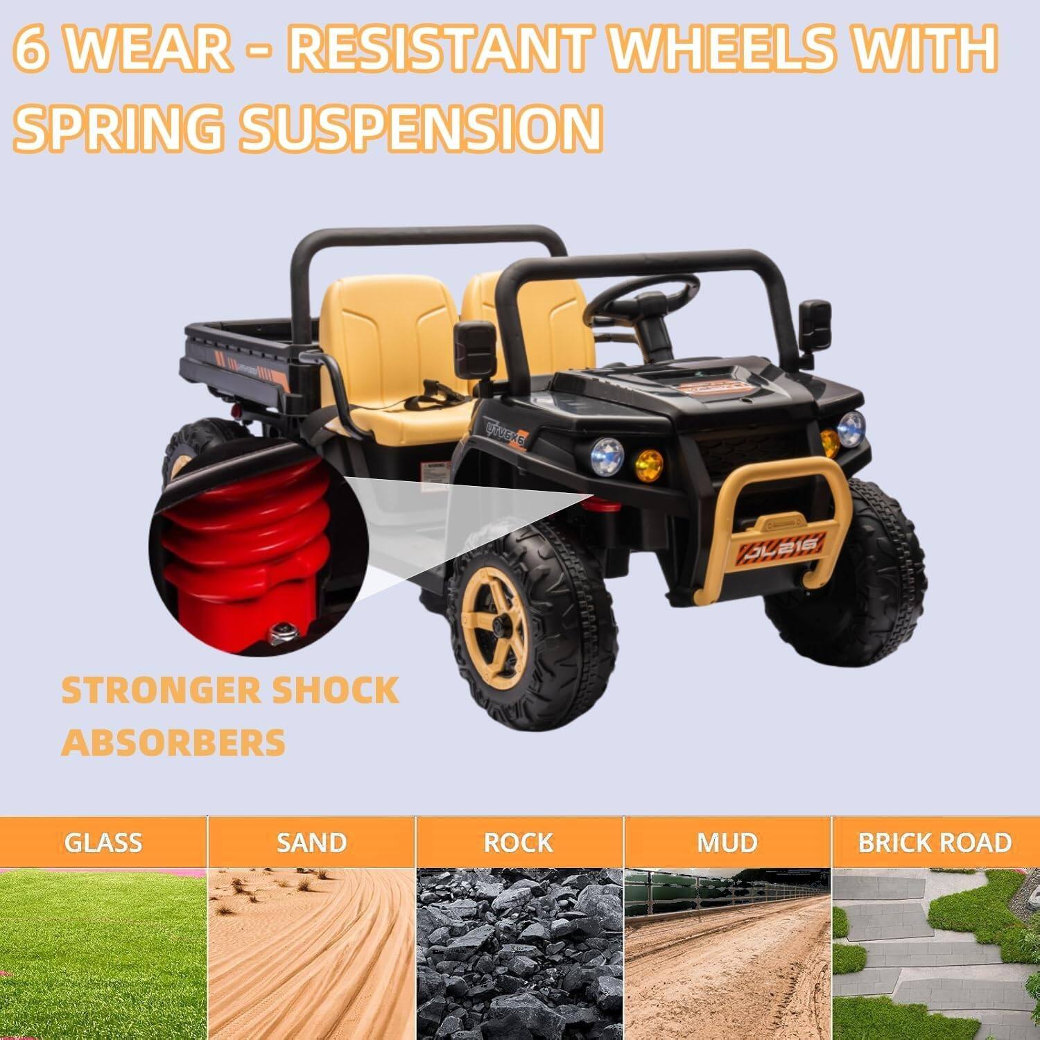 6 WEAR-RESISTANT WHEELS WITH SPRING SUSPENSION

STRONGER SHOCK ABSORBERS

GLASS | SAND | ROCK | MUD | BRICK ROAD