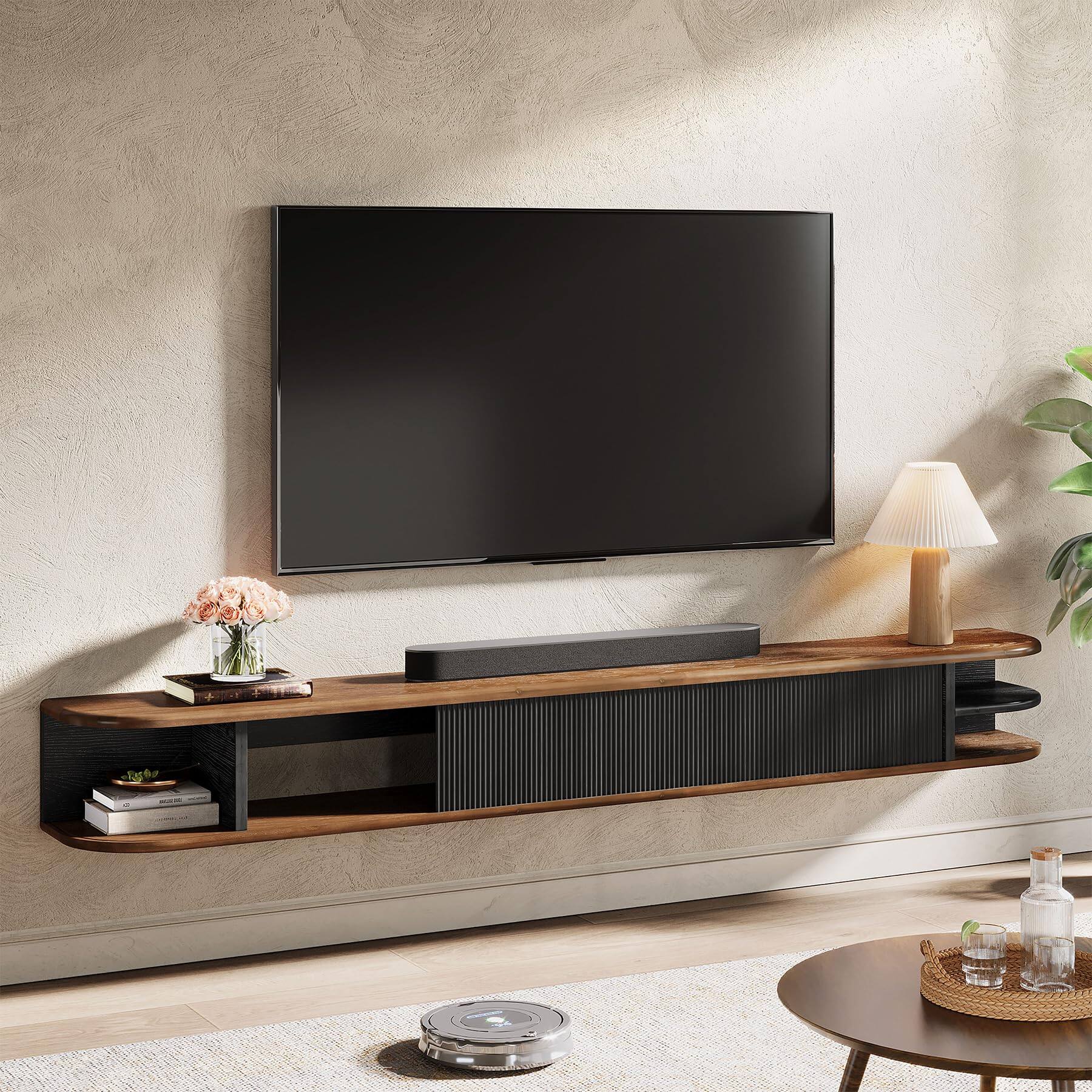 Left. Tribesigns - 71" Floating TV Stand Up to 90'' TVs, Solid Wood Media Console - Rustic Brown & Black.