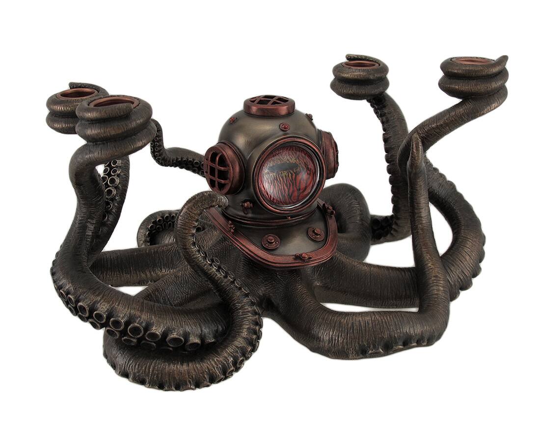 Front. Veronese Design - Incredibly Cool Steampunk Diver Octopus 4 Candle Candelabra - Black.