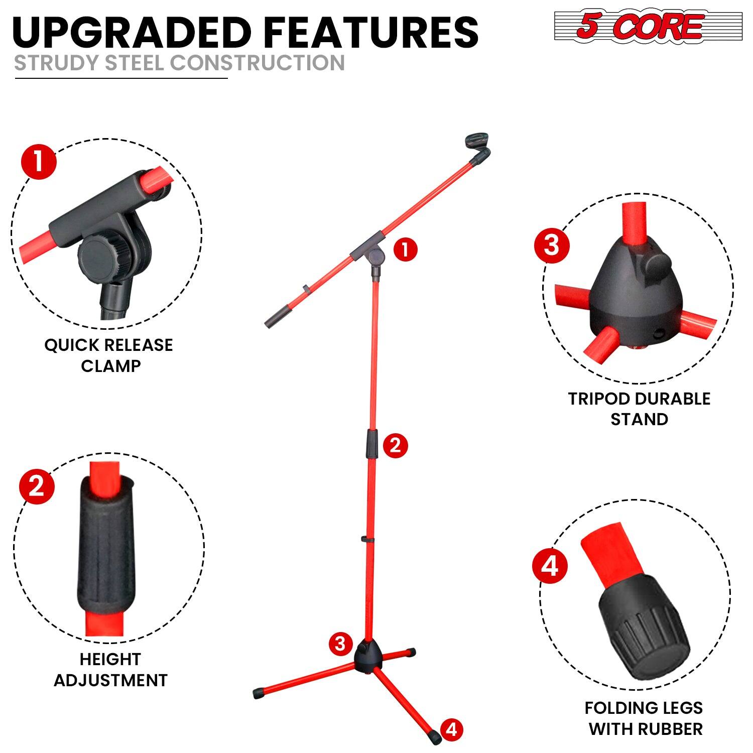 UPGRADED FEATURES STRUDY STEEL CONSTRUCTION 5 CORE
1. QUICK RELEASE CLAMP
2. HEIGHT ADJUSTMENT
3. TRIPOD DURABLE STAND
4. FOLDING LEGS WITH RUBBER