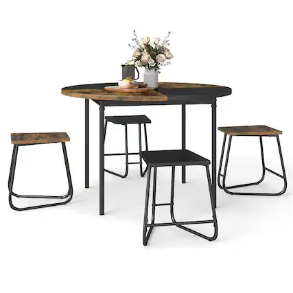 Front. Gymax - Gymax 5PCS Dining Set for 4 47'' Round Kitchen Table & 4 Stools w/ Wooden Tabletop - Brown.