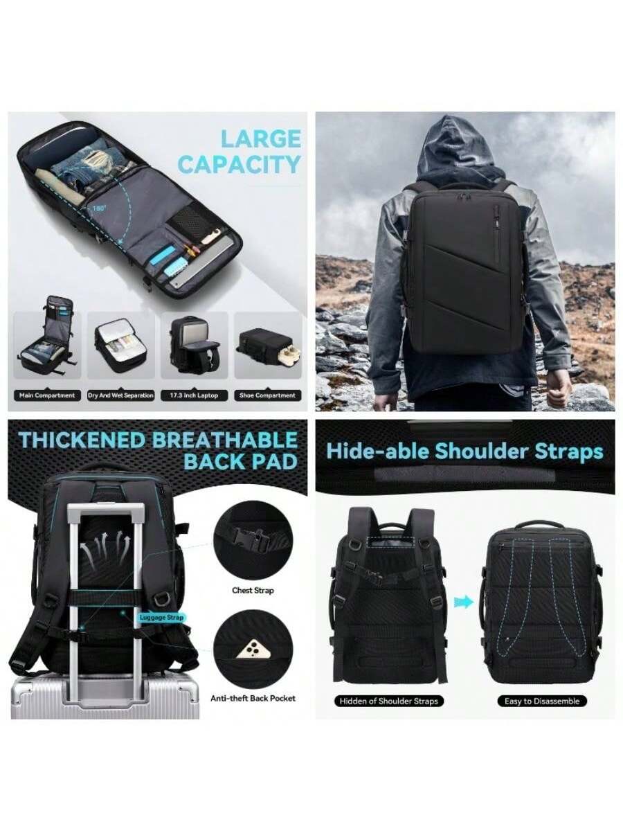 LARGE CAPACITY  
Main Compartment  
Dry And Wet Separation  
17.3 Inch Laptop  
Shoe Compartment  

THICKENED BREATHABLE BACK PAD  
Chest Strap  
Luggage Strap  
Anti-theft Back Pocket  

Hide-able Shoulder Straps  
Hidden of Shoulder Straps  
Easy to Disassemble