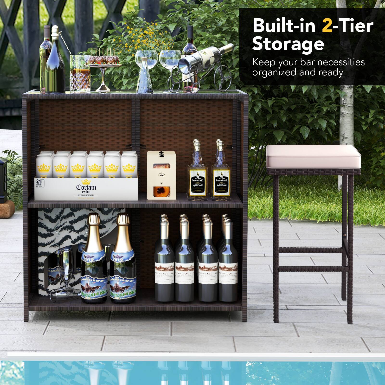 Built-in 2-Tier Storage  
Keep your bar necessities organized and ready