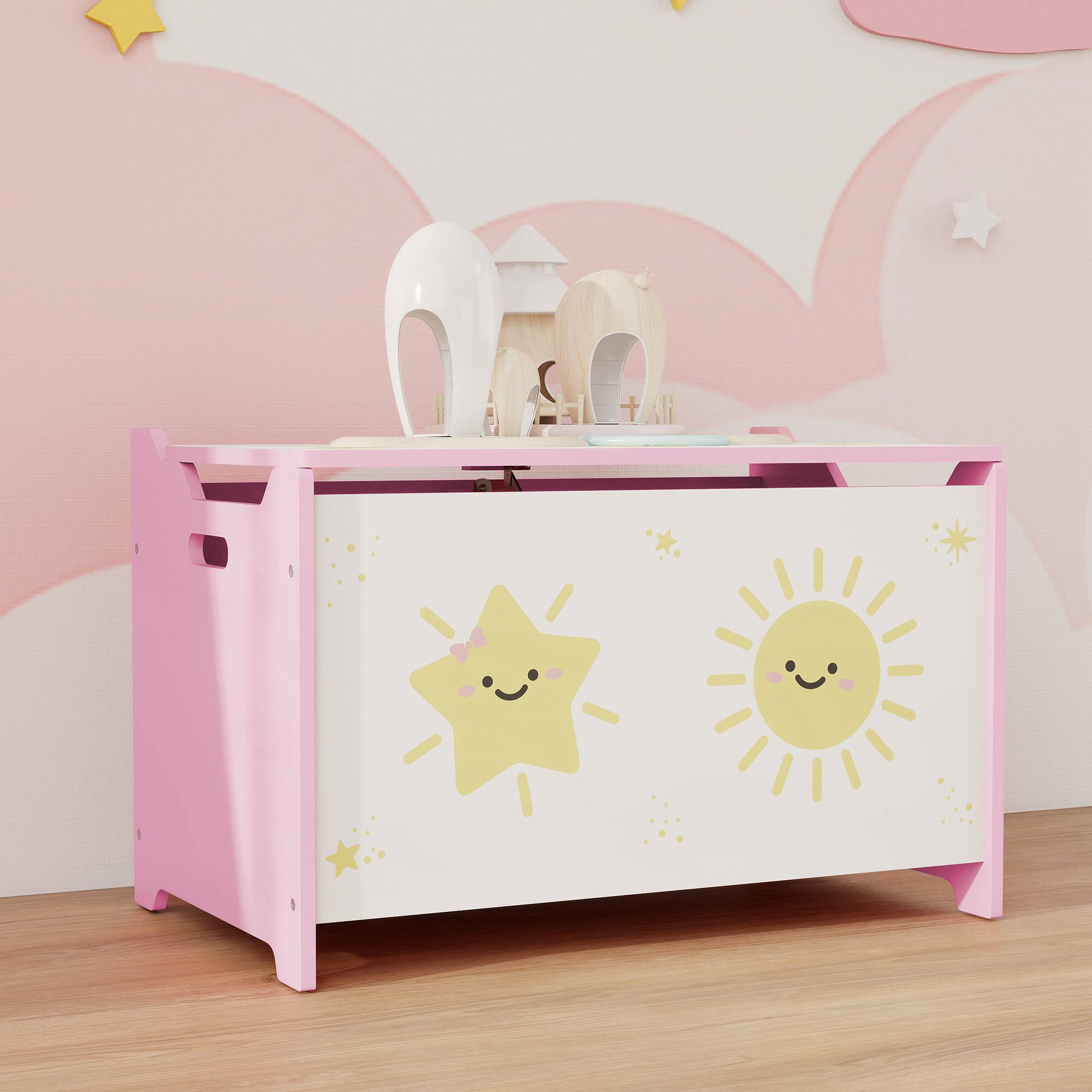 Alt View 5. Qaba - Toy Box with Lid, Toy Chest with Safety Hinges for Kids Boys Girls, Storage Organizer, 24" L x 15" W x 15" H - Pink.
