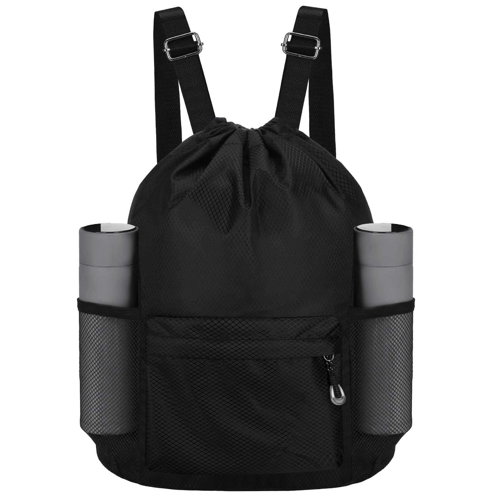 Front. Pacoar Cade - Waterproof Drawstring Bag  Lightweight String Backpack With Water Bottle Holder And Pockets Gym Sports Cinch Sackpack - Black.