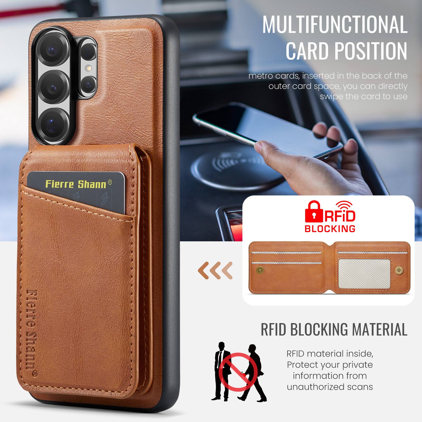 MULTIFUNCTIONAL CARD POSITION

Metro cards, inserted in the back of the outer card space, you can directly swipe the card to use.

Fierre Shann

RFID BLOCKING

RFID BLOCKING MATERIAL

RFID material inside, Protect your private information from unauthorized scans