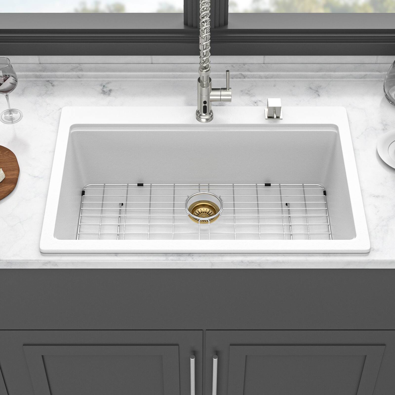 Left. Siljoy - Quartz Kitchen Sink - 33" x 22" x 9.65" White granite composite Workstation Drop-in kitchen sink - White.