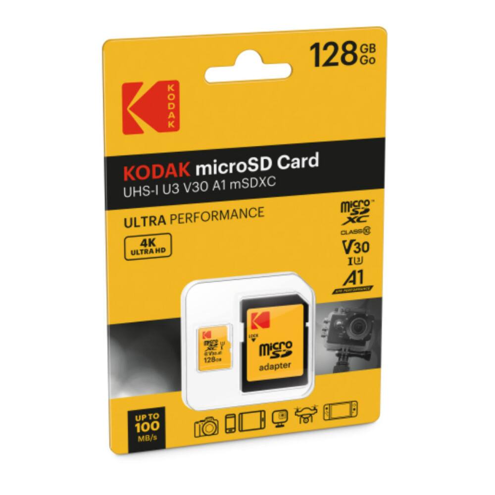 GB 128 Go KODAK microSD Card KODAK U3 V30 A1 mSDXC UHS-I Micro S ULTRA PERFORMANCE CLASS C 4K V30 ULTRA HD IU I A1 K m U XC I 128 LOCR micro S adapter UP TO 100 MB/s