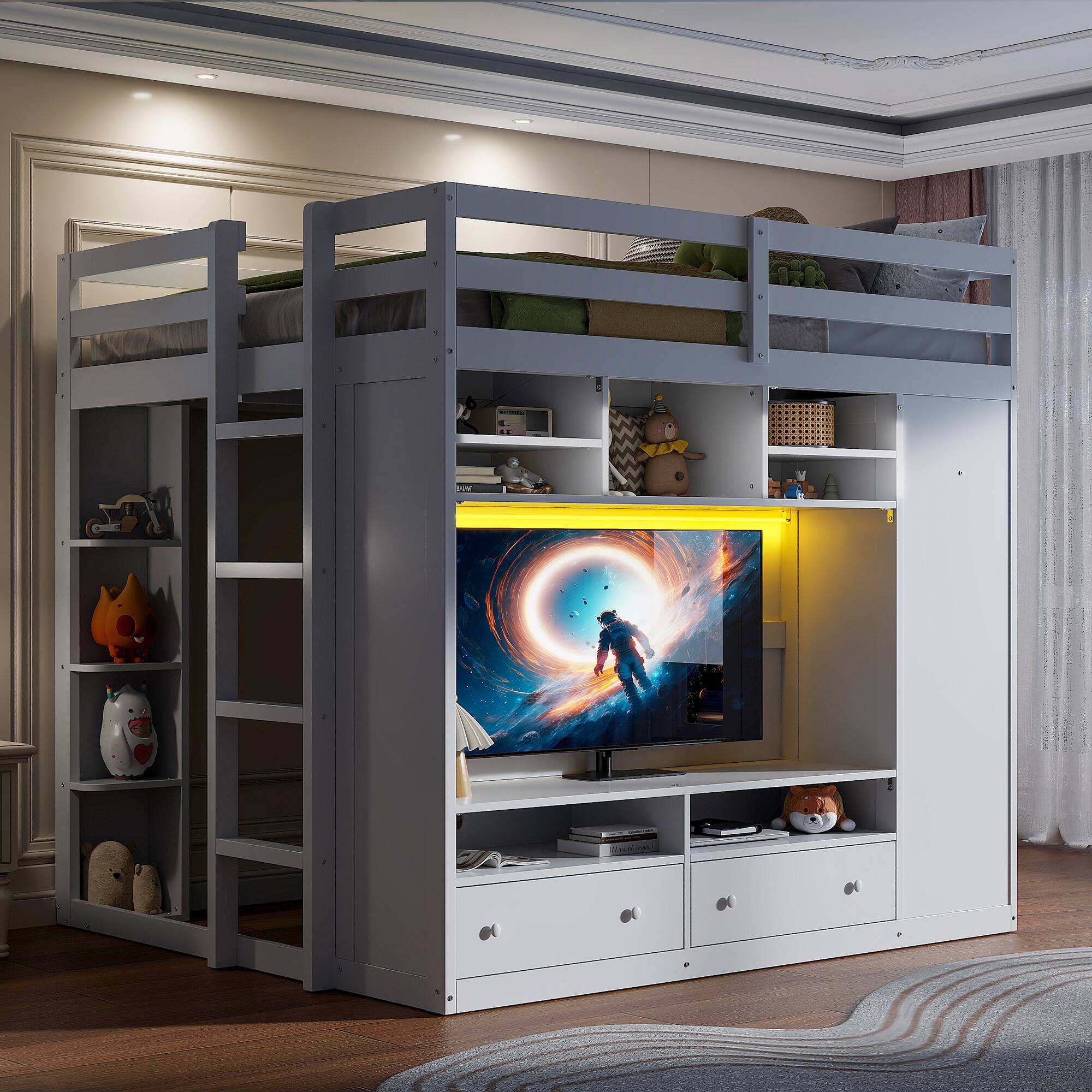 Alt View 5. Anysun - Full size Loft Bed with Drawers, Shelves and Light - White.