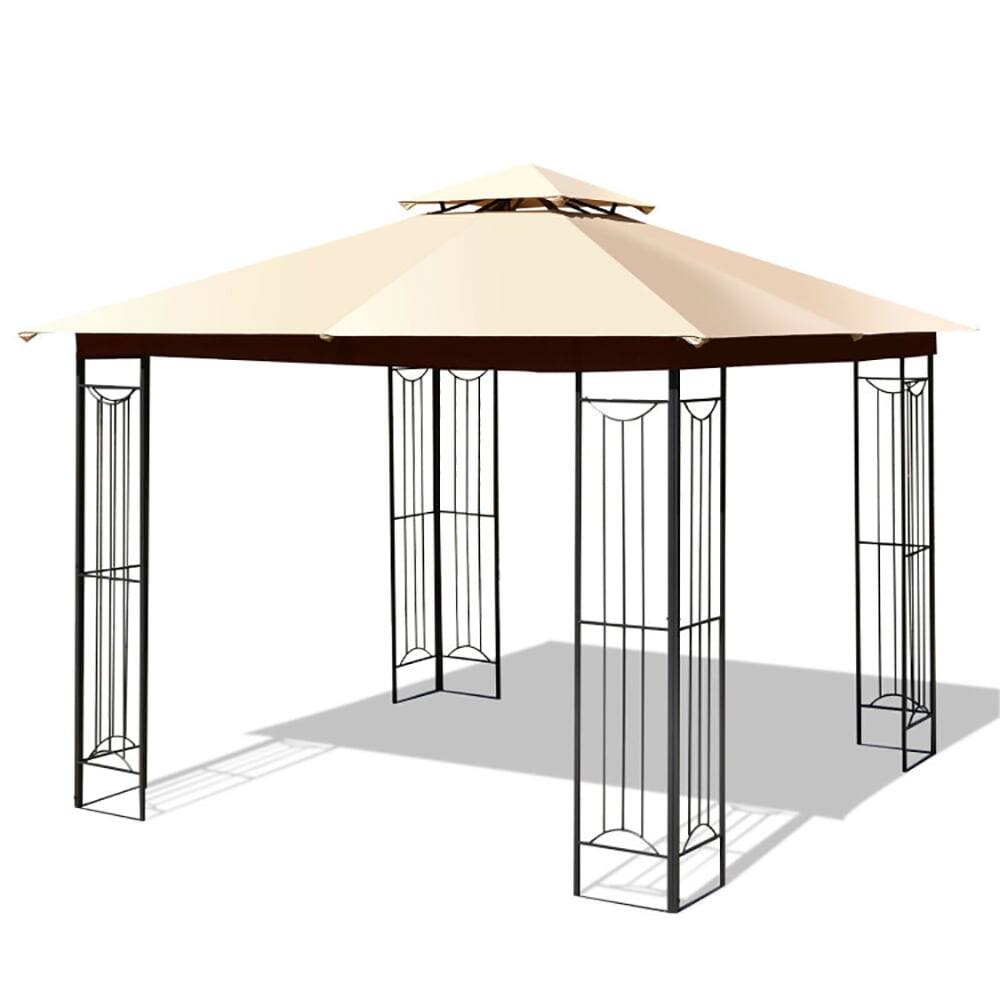 Back. Pefilos - 10 x 10 Feet L-Shaped Patio Canopy Gazebo Outdoor 2-Tier Steel Tent-Beige, Party Tent for Outside Party Waterproof Tent - Beige.