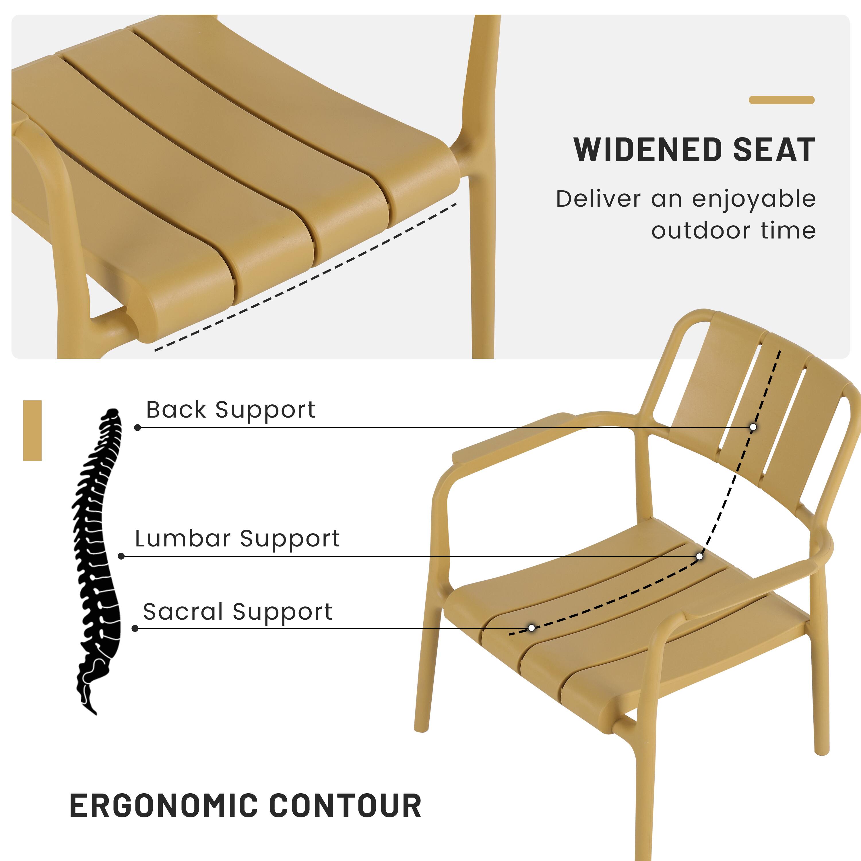 WIDENED SEAT  
Deliver an enjoyable outdoor time  

ERGONOMIC CONTOUR  
Back Support  
Lumbar Support  
Sacral Support
