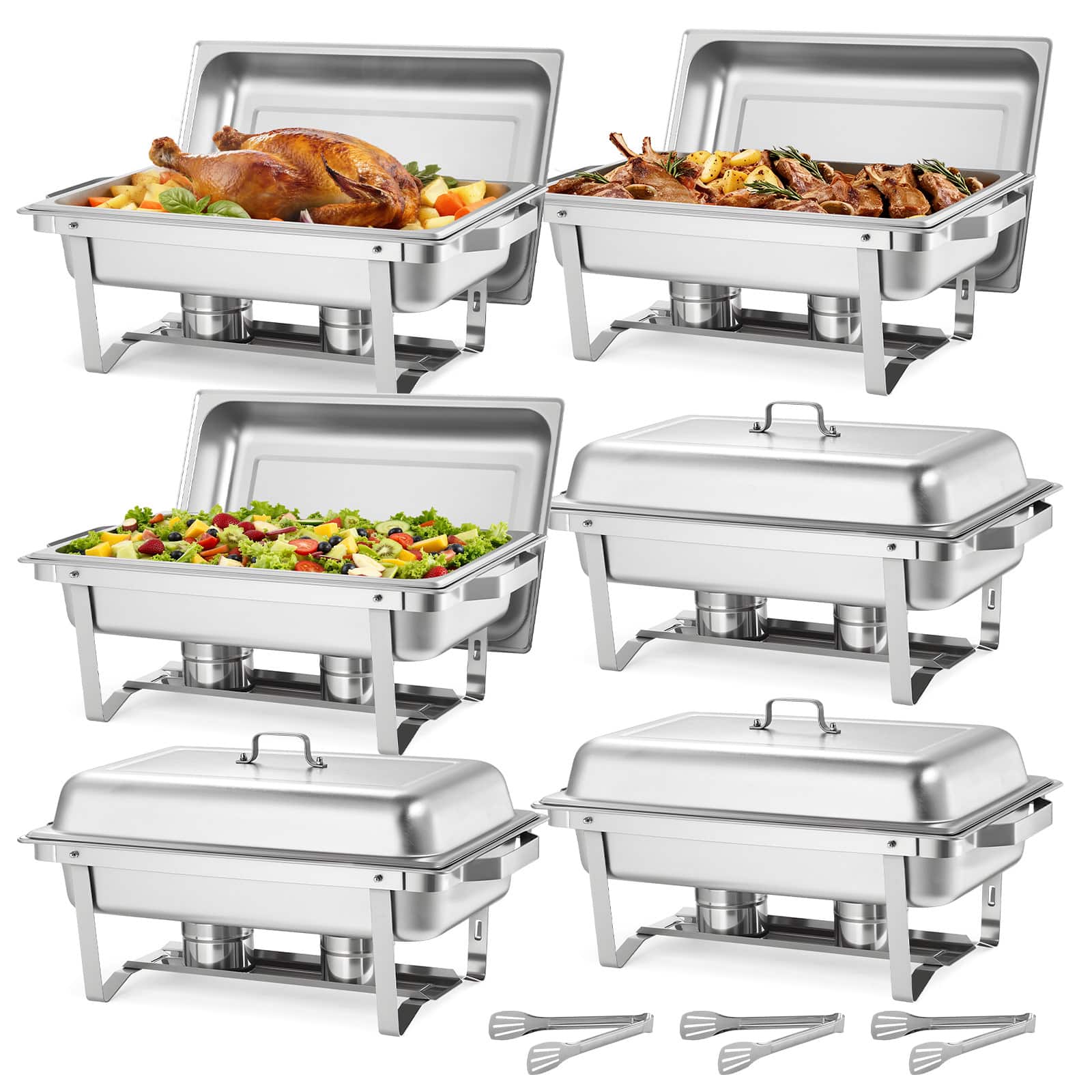 VEVOR - Rectangle Chafing Dish, 9 Qt 6 Pack Stainless Steel Chafing Dish, Food Warmer Chafer Complete Set with Hollow Handle - Silver