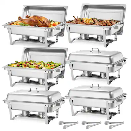 Front. VEVOR - Rectangle Chafing Dish, 9 Qt 6 Pack Stainless Steel Chafing Dish, Food Warmer Chafer Complete Set with Hollow Handle - Sliver.