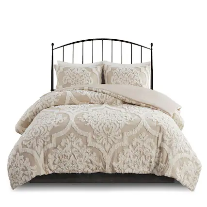 Front. Gracie Mills - Gracie Mills Ray 3-Piece Boho Chic Tufted Cotton Chenille Medallion Duvet Set - Taupe.