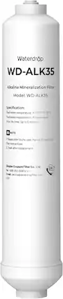 Waterdrop WD-ALK35 Alkaline Mineralization Filter
Model: WD-ALK35
Specification:
Feed water temperature: 41-100°F/5-38°C
Feed water requirement: RO pure water
Filter life time: Up to 6 months
NOTE
1. Please refer to the user manual for detailed filter instructions.
2. Flush after replacement.
Qingdao Ecopure Filter Co., Ltd.
Tel: 1-888-352-3558 (U.S.)
E-mail: service@waterdropfilter.com
24/7