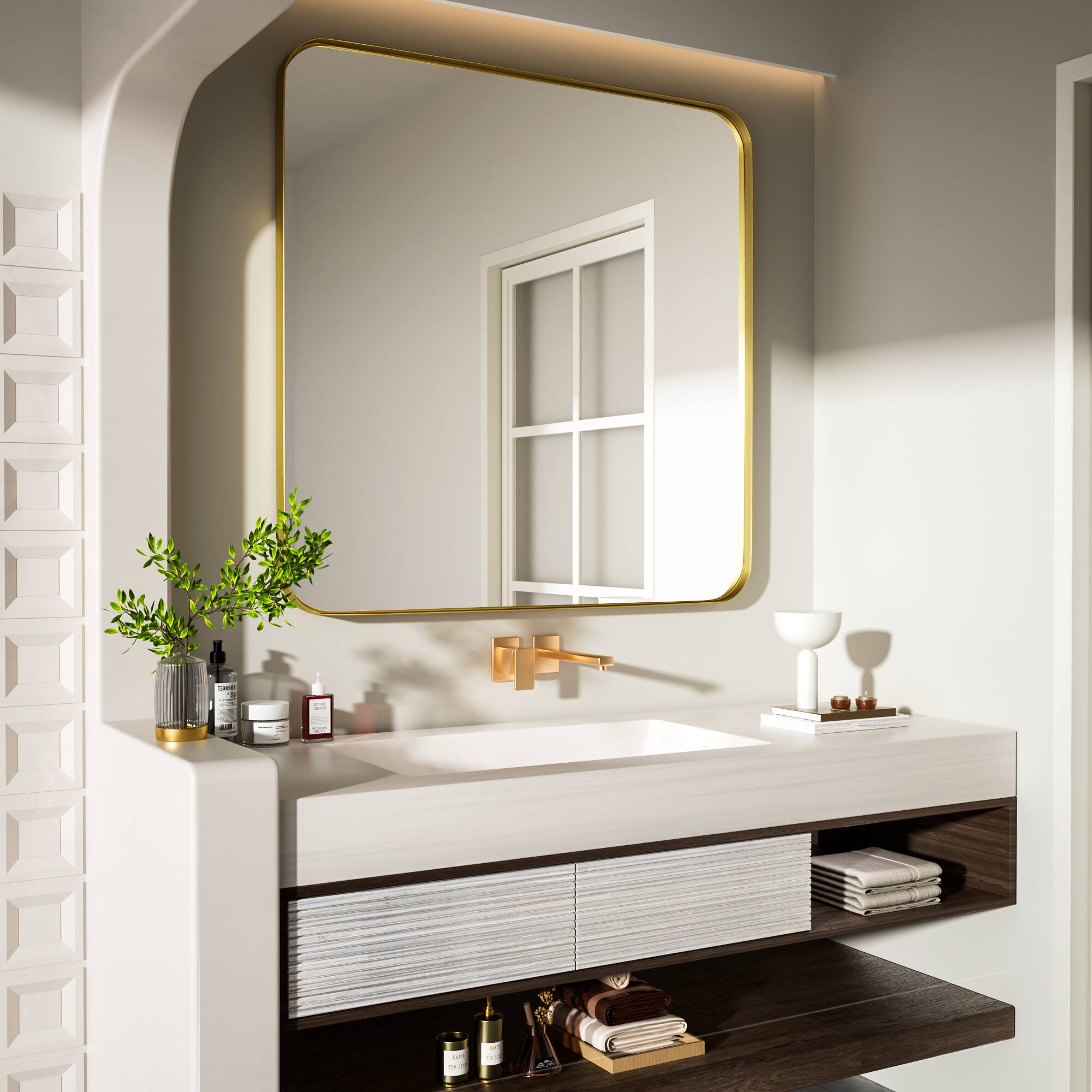 Alt View 12. LOVMOR - Tempered Glass Rounded Rectangle Framed Wall-Mounted Bathroom Vanity Mirror - 36" x 36" - Gold.