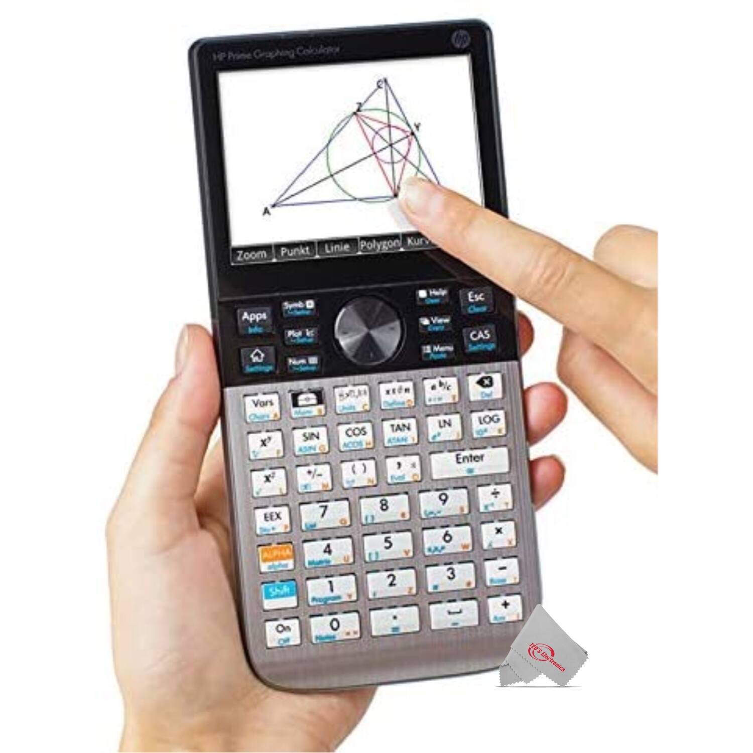 HP Prime Graphing Calculator

Zoom Punkt Linie Polygon Kurve

Apps Symb ~ K Hale Vw Memo Esc CAS

Vors cOS TAN x SIN ACOS

x 7 8 EEX u 4 5 ALPHA 1 2 S o bie IN LOG IO Enter + 9 x 6 3 +