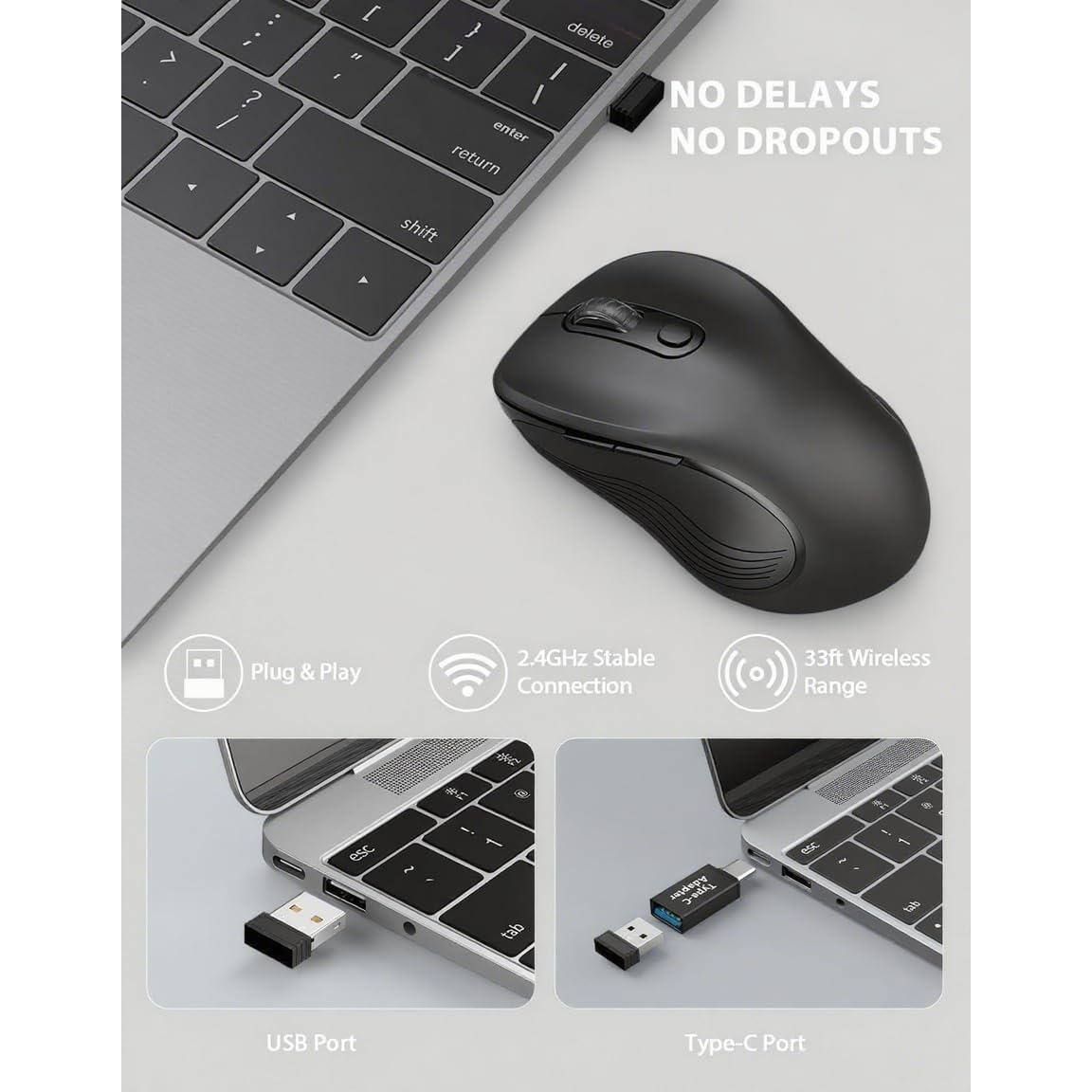 NO DELAYS  
NO DROPOUTS  

Plug & Play  
2.4GHz Stable Connection  
33ft Wireless Range  

USB Port  
Type-C Port