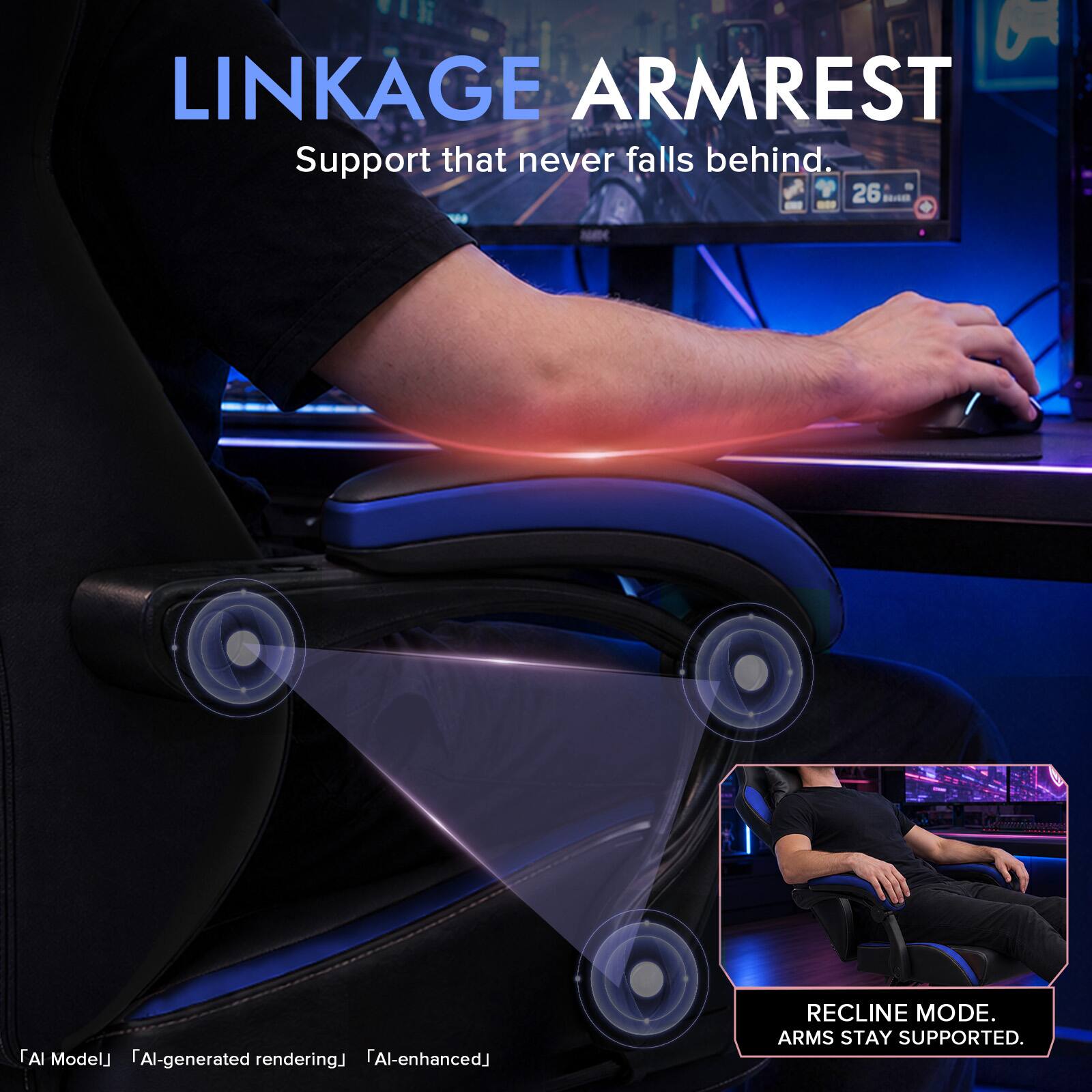 LINKAGE ARMREST  
Support that never falls behind.  

26 BRIGER  

AI Model  
AI-generated rendering  
AI-enhanced  

RECLINE MODE.  
ARMS STAY SUPPORTED.