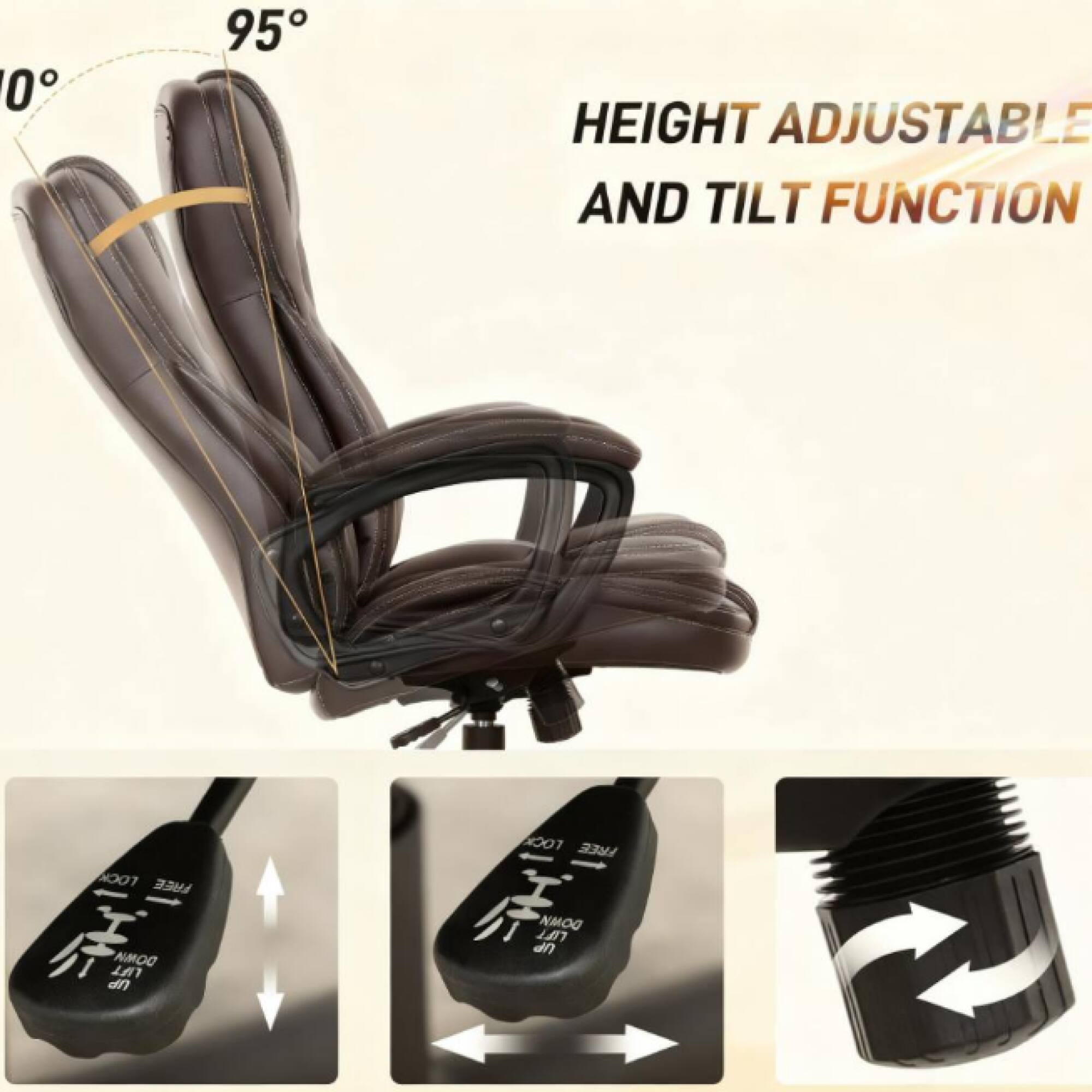 HEIGHT ADJUSTABLE AND TILT FUNCTION

FREE DOMM LIFT UP LOCK FREE DOWN FULL UP