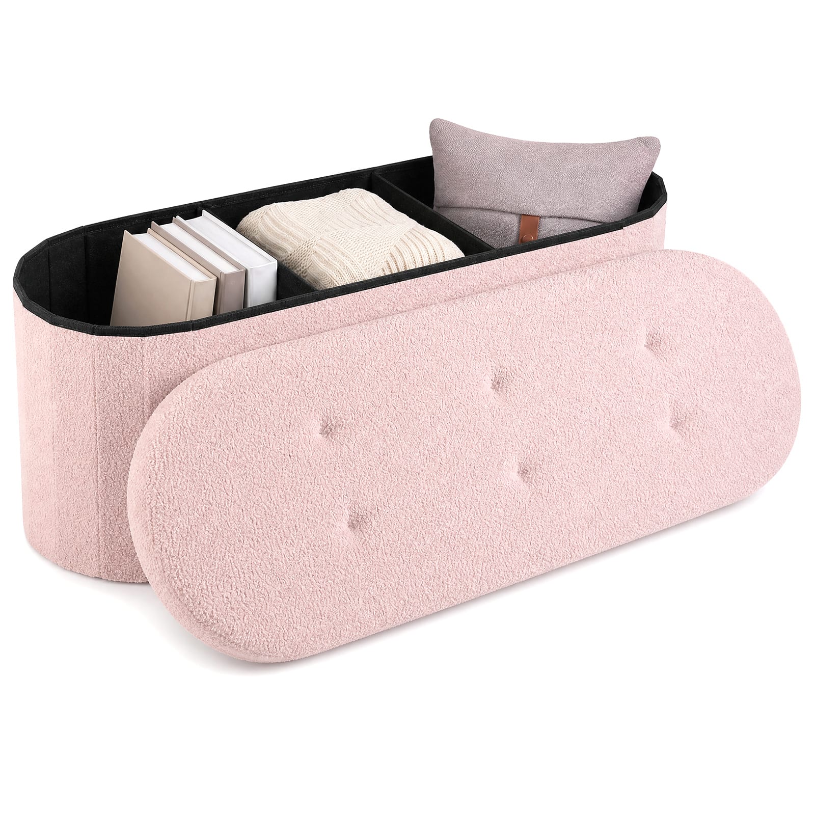 "Costway - Storage Ottoman Bench 43"" Oval Ottoman with Dividers Folding Teddy Boucle Footrest - Pink" price history on PriceWatchPro